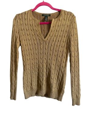 Lauren Ralph Lauren Metallic Gold Foil Knit Medium Sweater Preppy Earthy Neutral